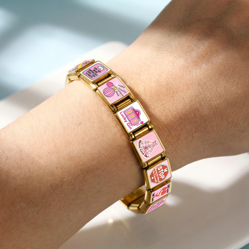 Square pink pattern handmade DIY spliced stainless steel Italian modular bracelet, a gift for girls.