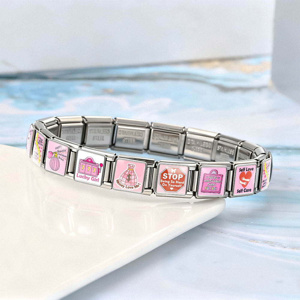 Square pink pattern handmade DIY spliced stainless steel Italian modular bracelet, a gift for girls.