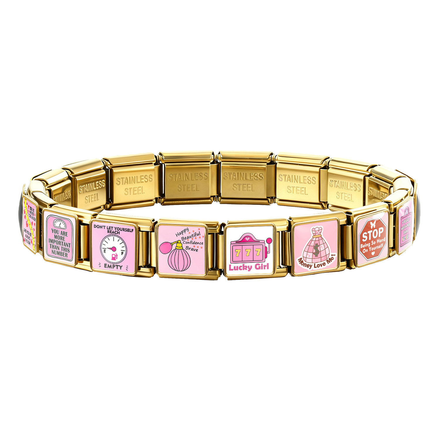 Square pink pattern handmade DIY spliced stainless steel Italian modular bracelet, a gift for girls.