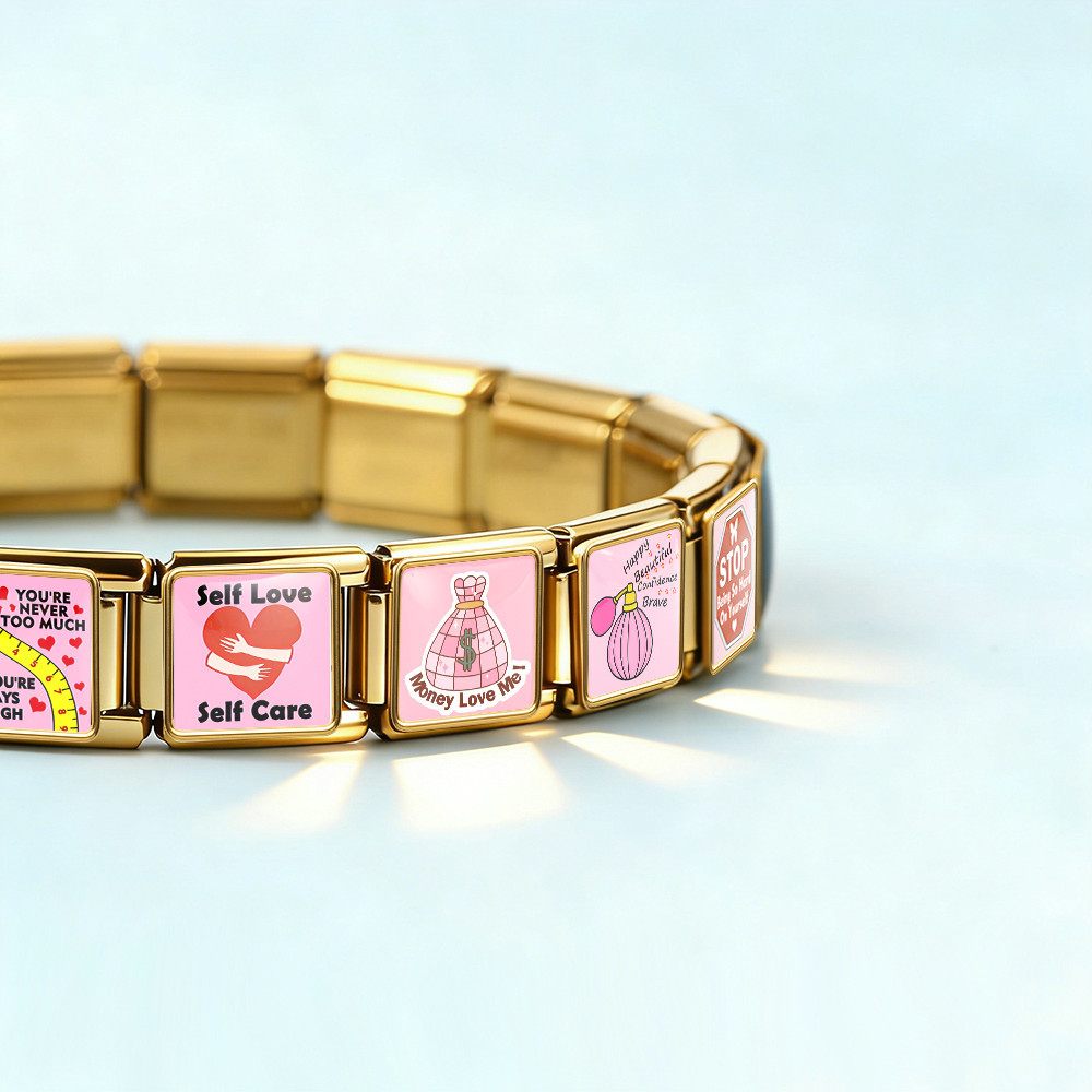 Square pink pattern handmade DIY spliced stainless steel Italian modular bracelet, a gift for girls.