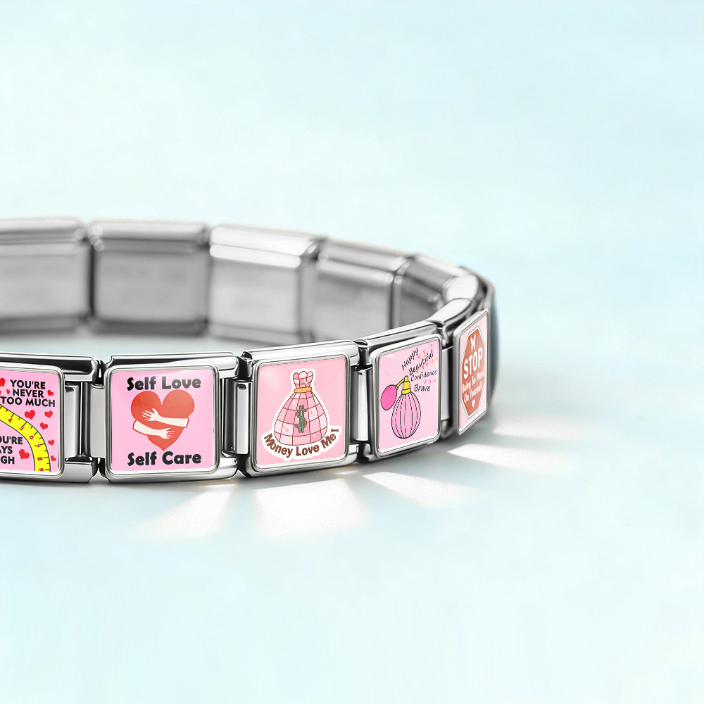 Square pink pattern handmade DIY spliced stainless steel Italian modular bracelet, a gift for girls.
