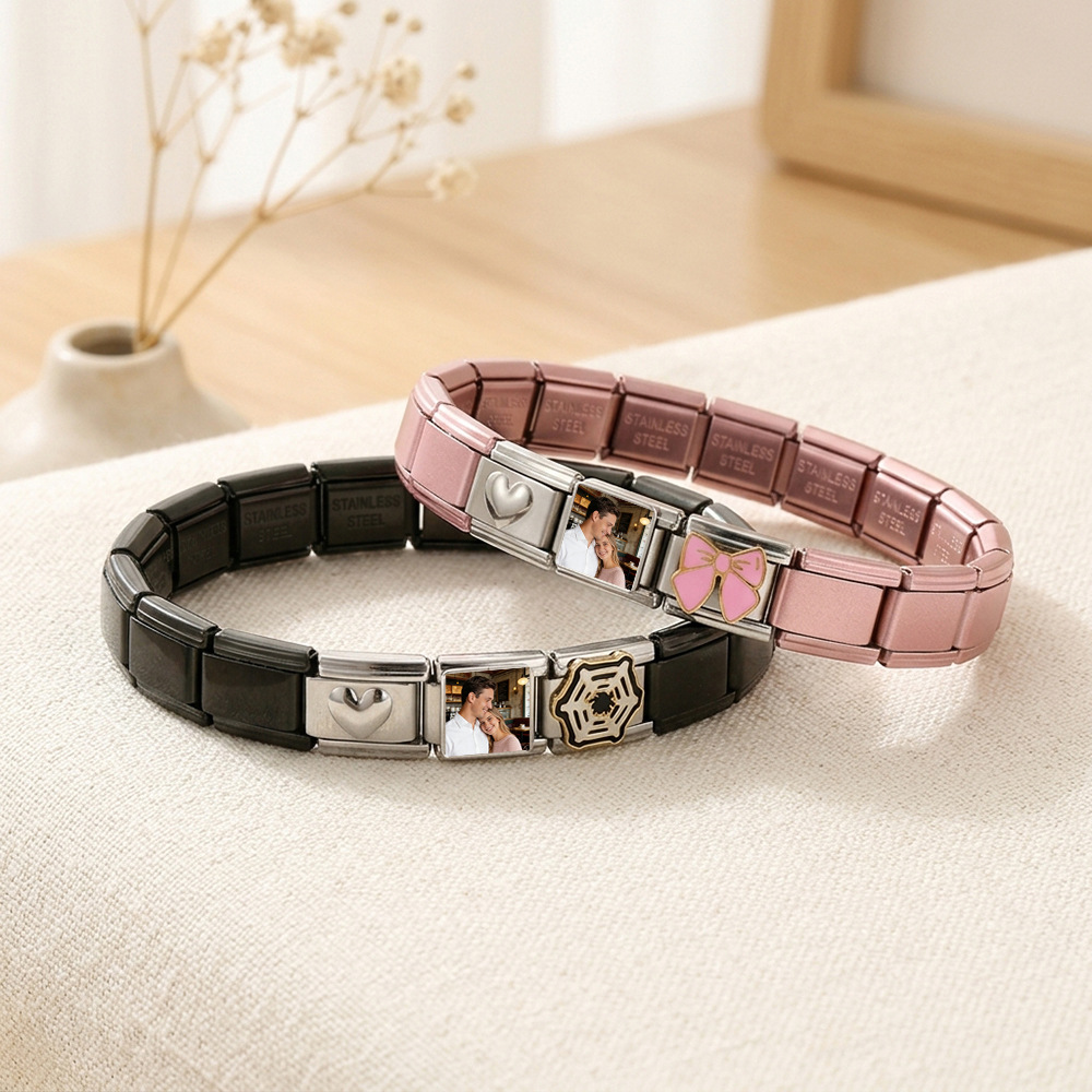 New pink and black couple bracelet, DIY personalized stainless steel fashion splicing module.
