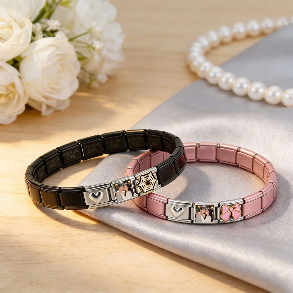 New pink and black couple bracelet, DIY personalized stainless steel fashion splicing module.
