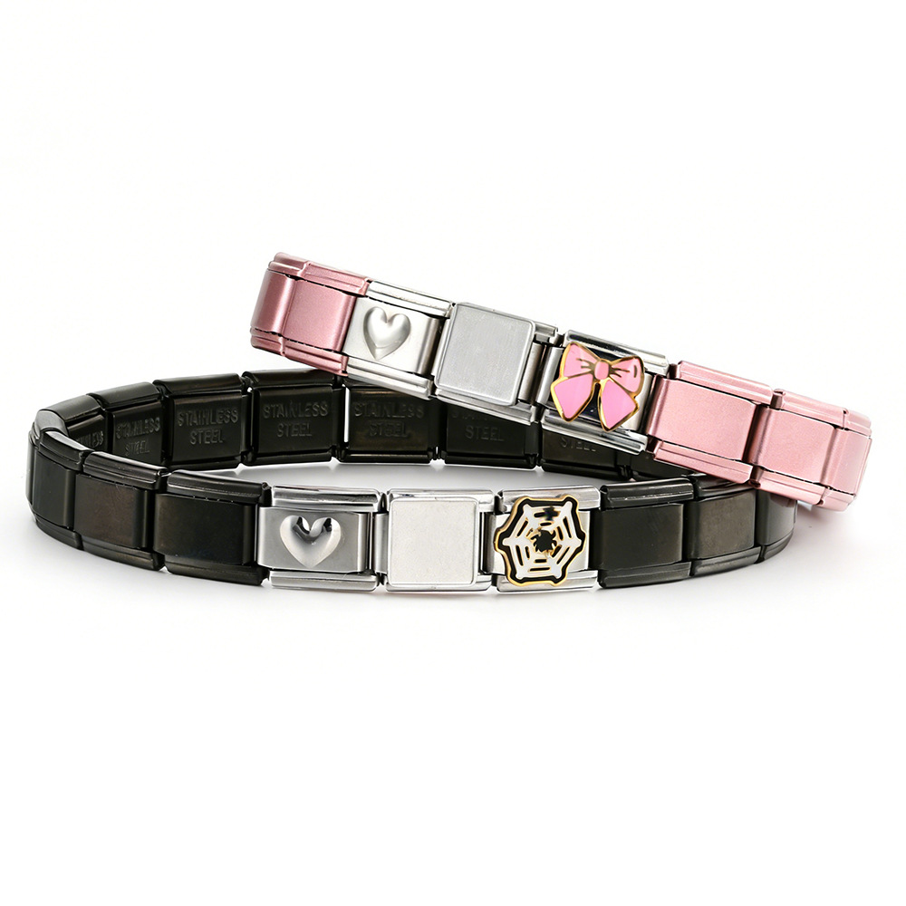 New pink and black couple bracelet, DIY personalized stainless steel fashion splicing module.