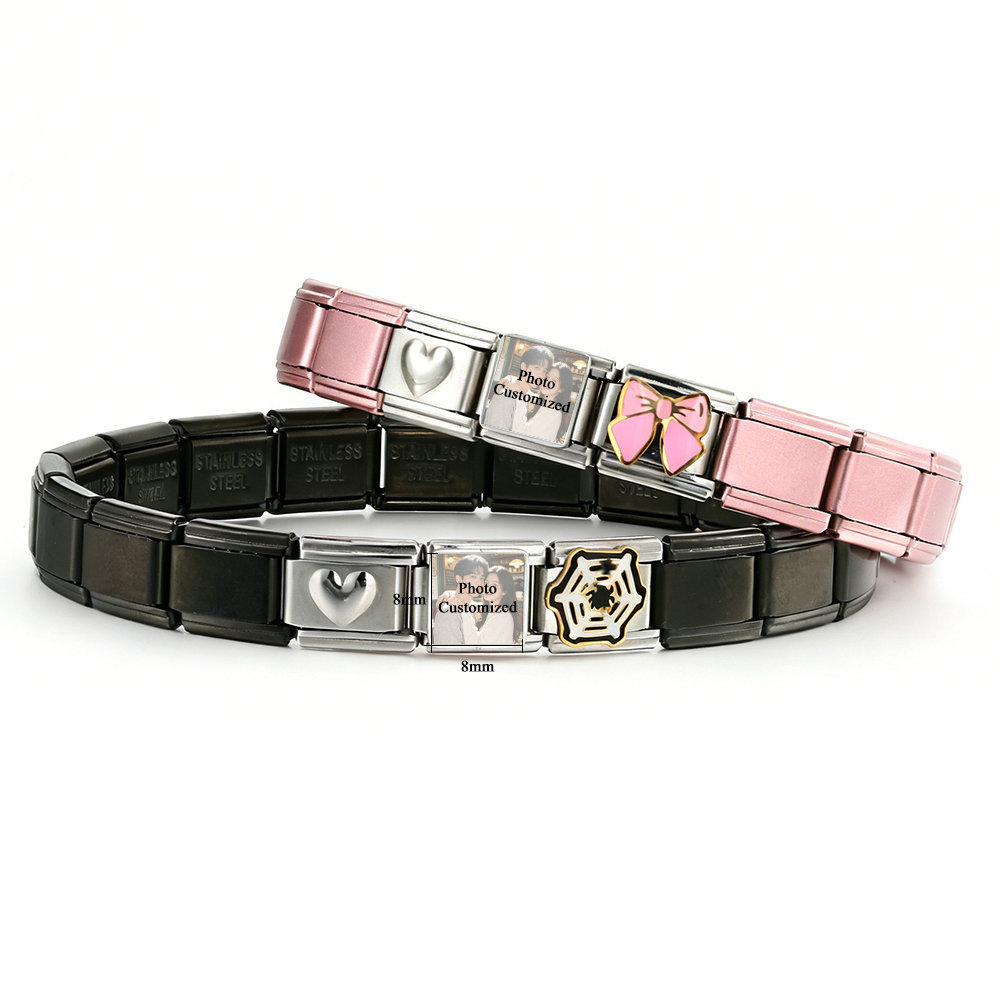 New pink and black couple bracelet, DIY personalized stainless steel fashion splicing module.