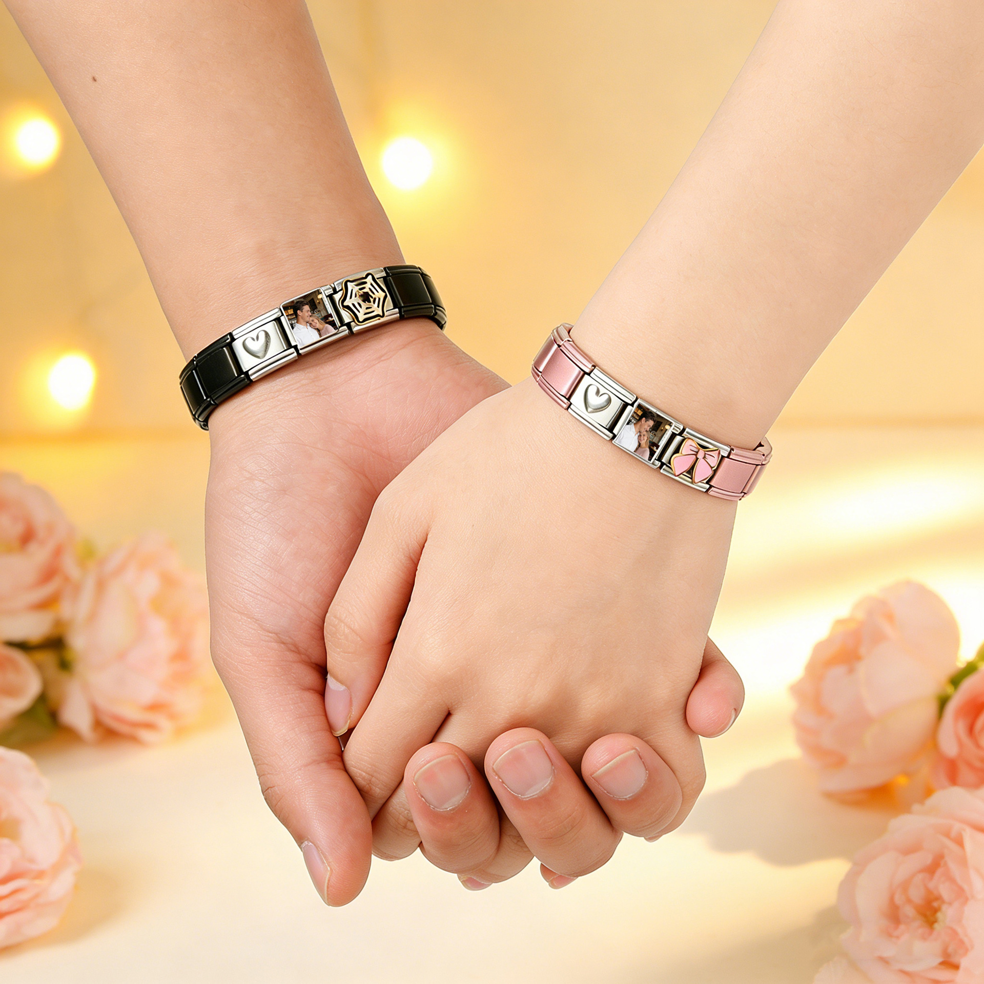 New pink and black couple bracelet, DIY personalized stainless steel fashion splicing module.