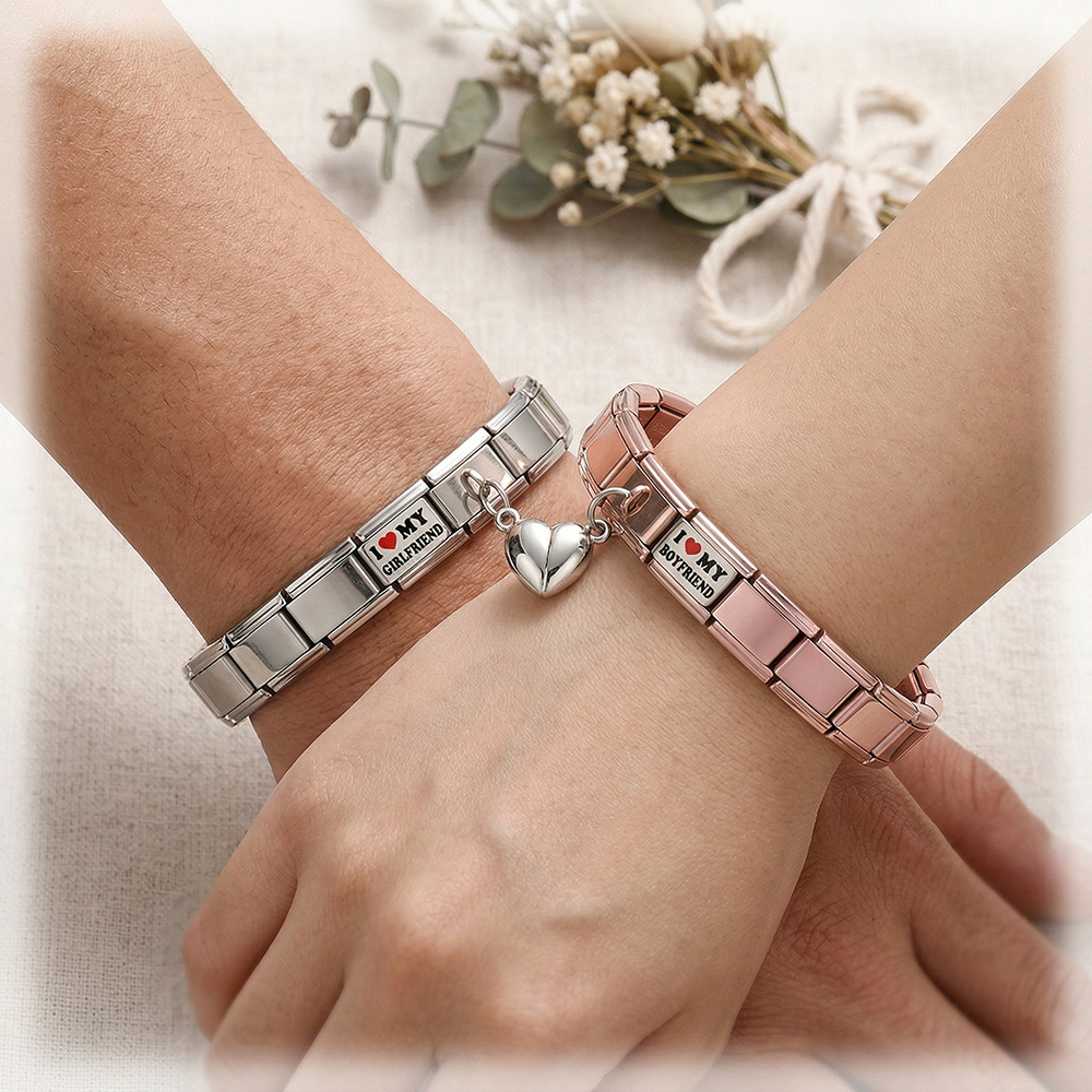 Heart-shaped magnetic couple bracelet, stainless steel Italian modular bracelet, DIY detachable modular base chain
