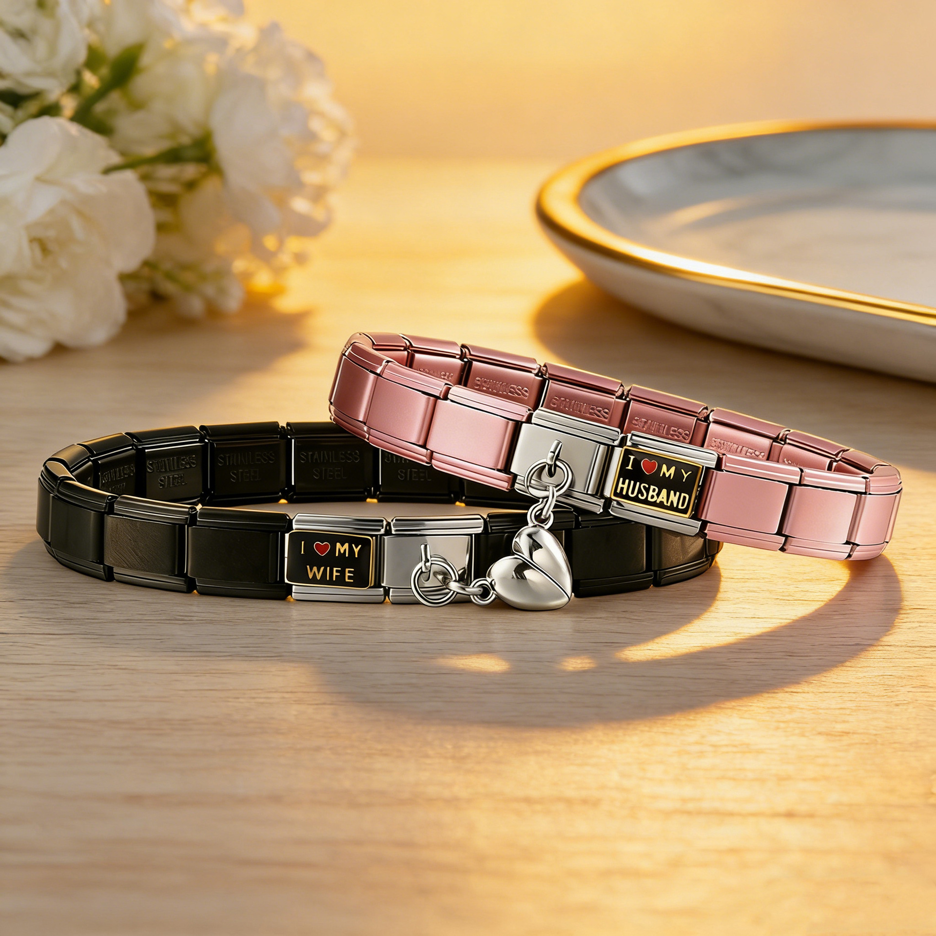 Heart-shaped magnetic couple bracelet, stainless steel Italian modular bracelet, DIY detachable modular base chain
