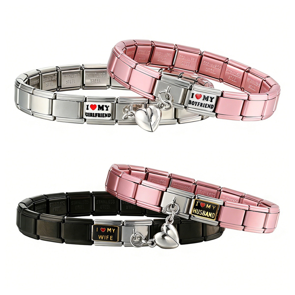 Heart-shaped magnetic couple bracelet, stainless steel Italian modular bracelet, DIY detachable modular base chain