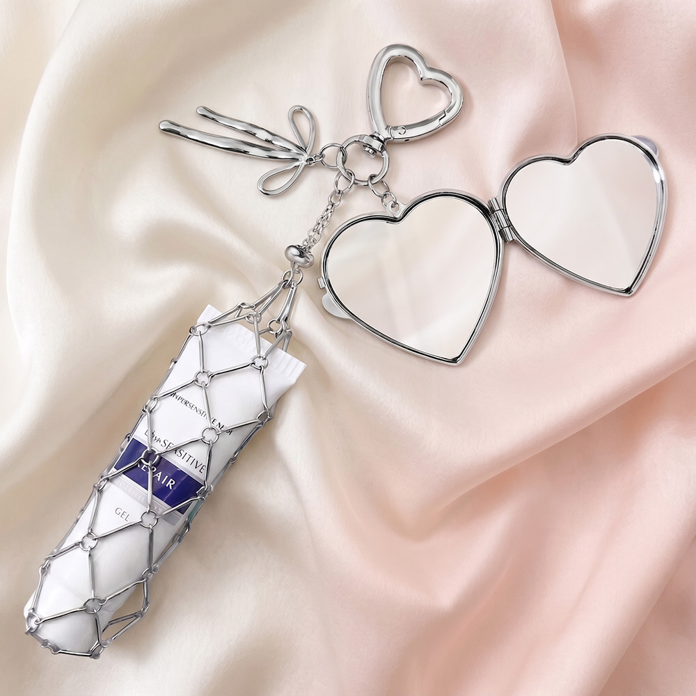 Stainless steel lipstick mesh keychain heart-shaped bow pendant DIY fashion ornament handmade gift decoration