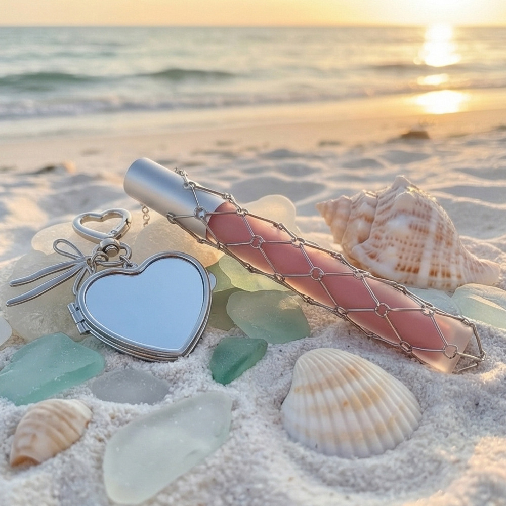 Stainless steel lipstick mesh keychain heart-shaped bow pendant DIY fashion ornament handmade gift decoration
