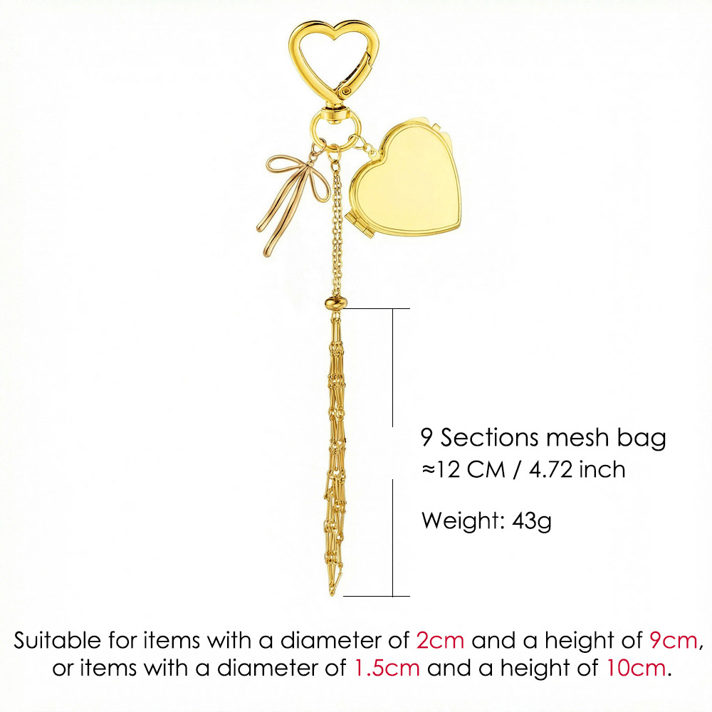 Stainless steel lipstick mesh keychain heart-shaped bow pendant DIY fashion ornament handmade gift decoration