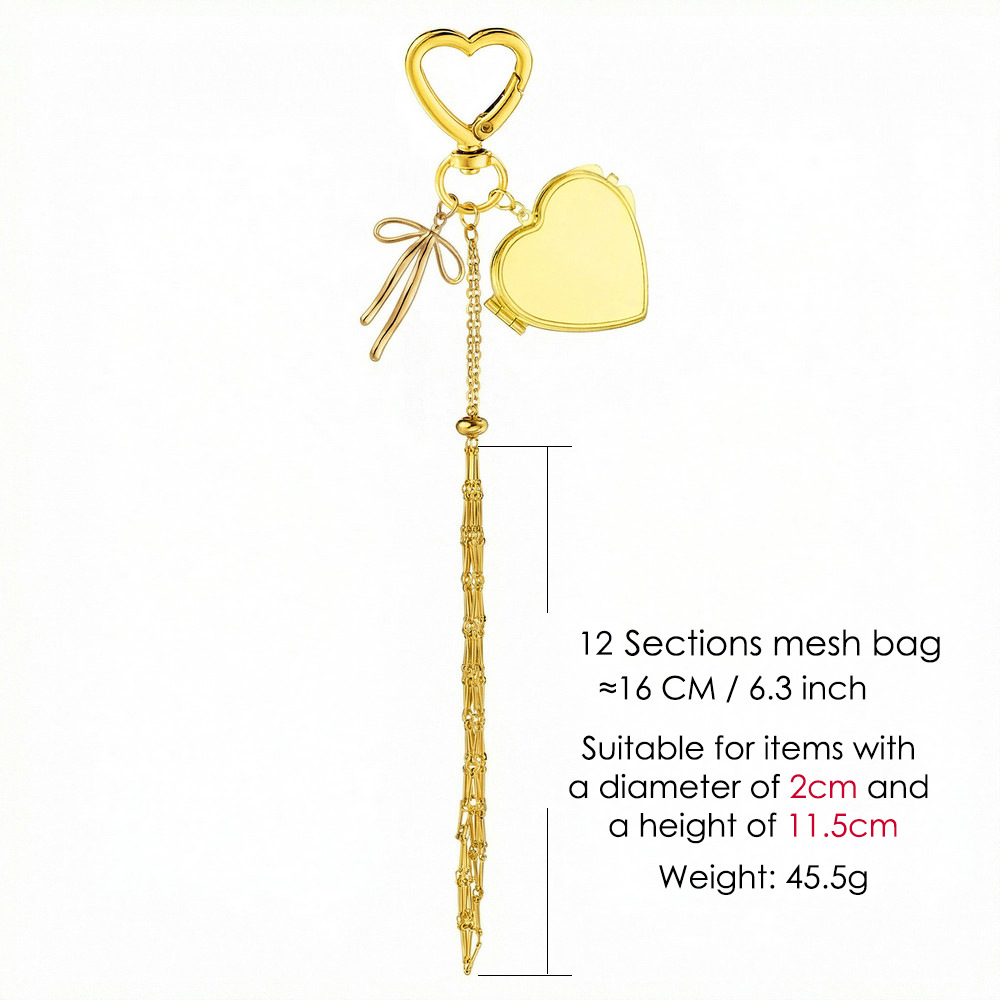 Stainless steel lipstick mesh keychain heart-shaped bow pendant DIY fashion ornament handmade gift decoration