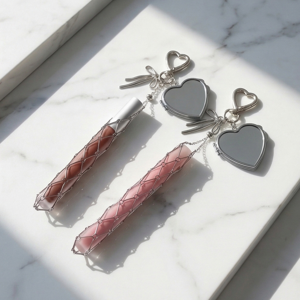 Stainless steel lipstick mesh keychain heart-shaped bow pendant DIY fashion ornament handmade gift decoration
