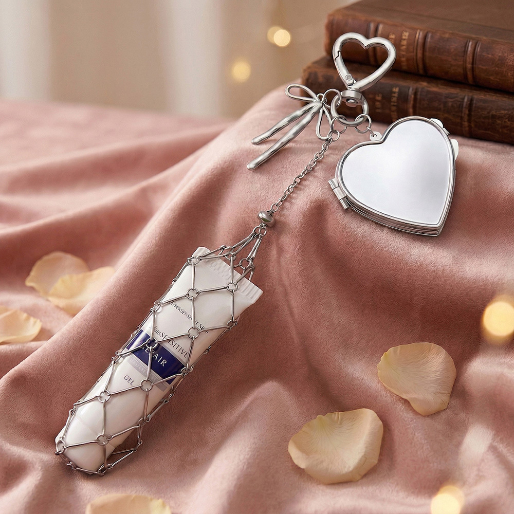 Stainless steel lipstick mesh keychain heart-shaped bow pendant DIY fashion ornament handmade gift decoration