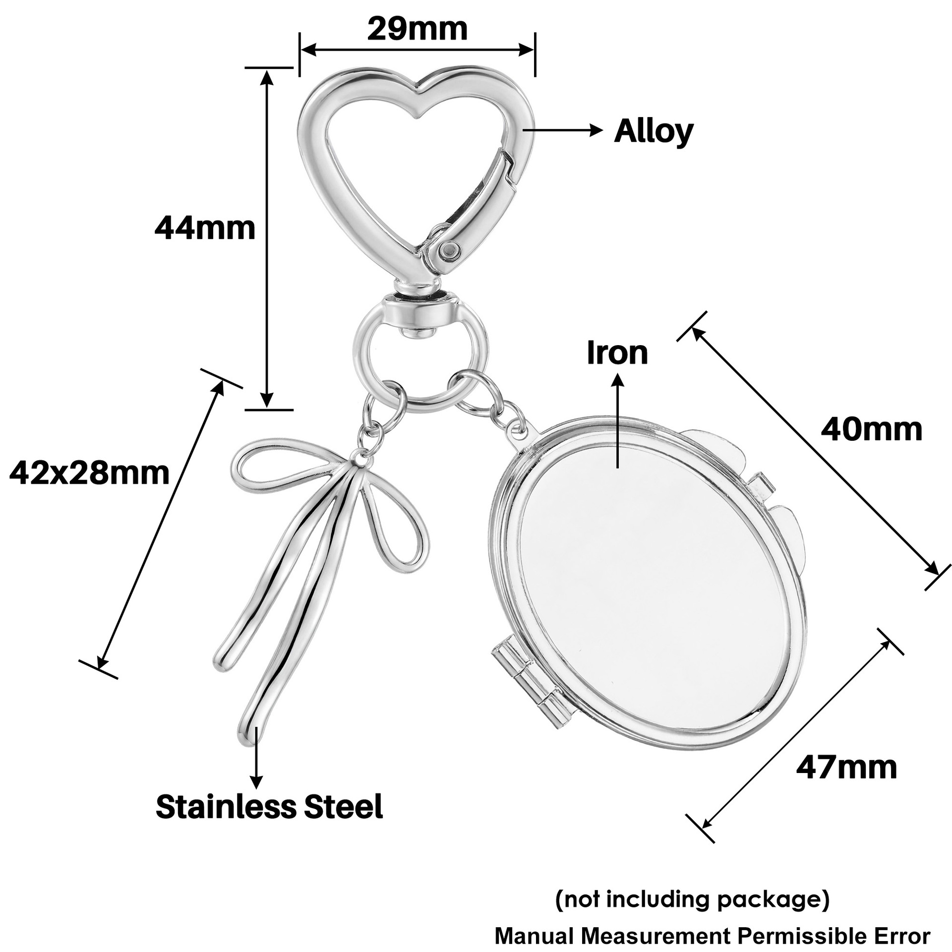 Heart-shaped mirror bow keychain DIY best friend gift, portable makeup mirror, bag charm