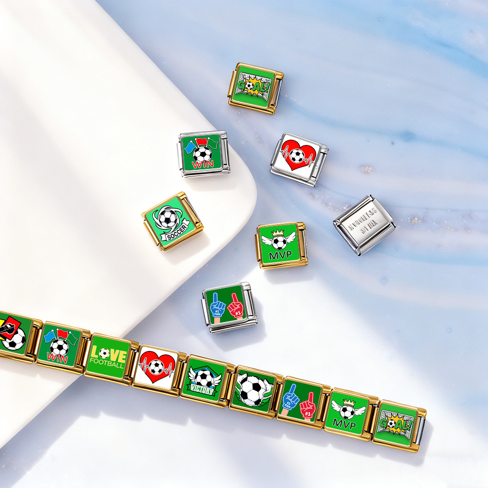 International football pattern modular bracelet, stainless steel, Italian style, DIY detachable watch strap chain/bracelet