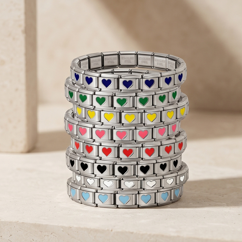 Colorful drip heart Italian modular bracelet, full chain stamping, stainless steel DIY watch strap chain