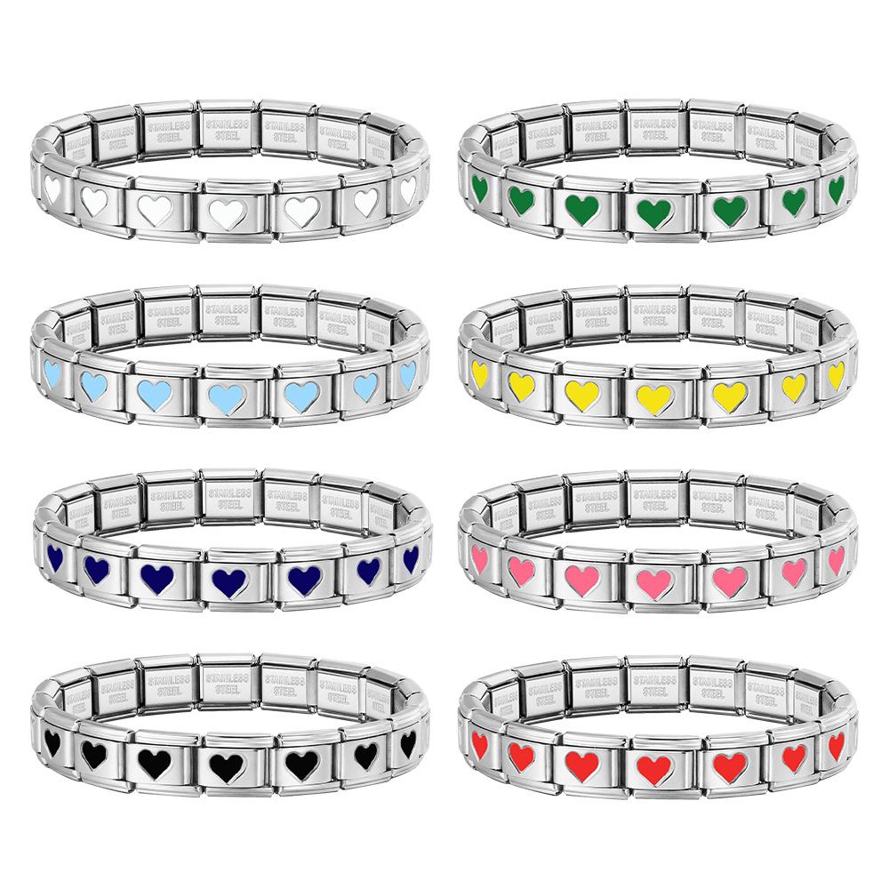Colorful drip heart Italian modular bracelet, full chain stamping, stainless steel DIY watch strap chain