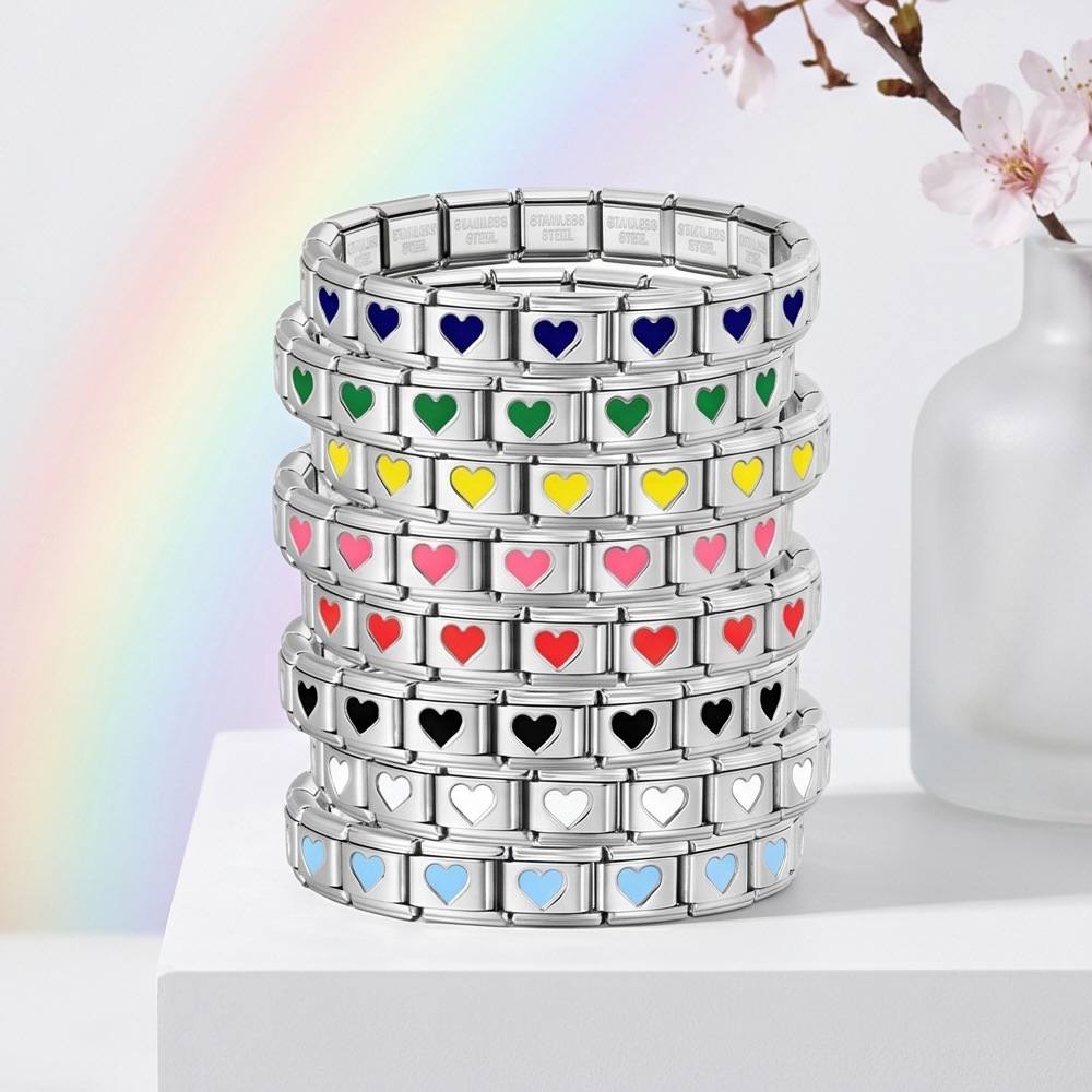 Colorful drip heart Italian modular bracelet, full chain stamping, stainless steel DIY watch strap chain