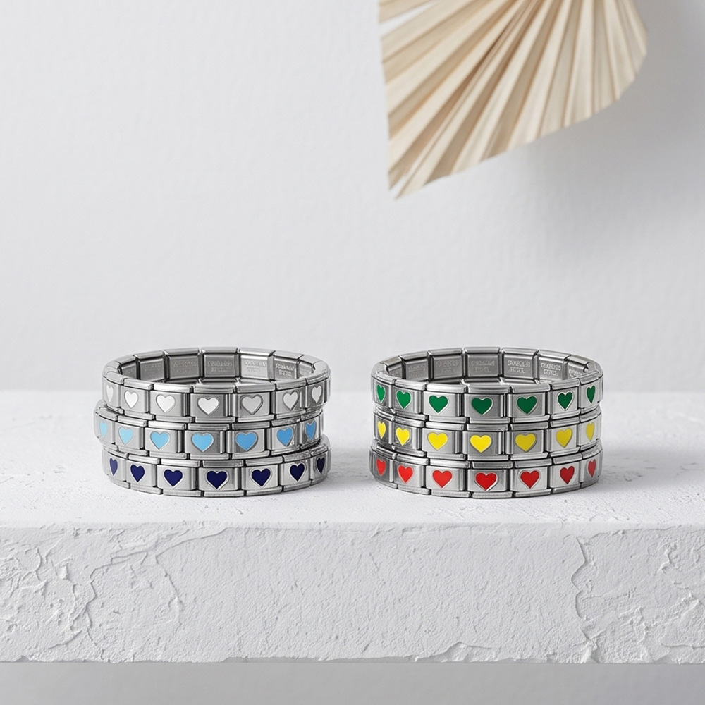 Colorful drip heart Italian modular bracelet, full chain stamping, stainless steel DIY watch strap chain
