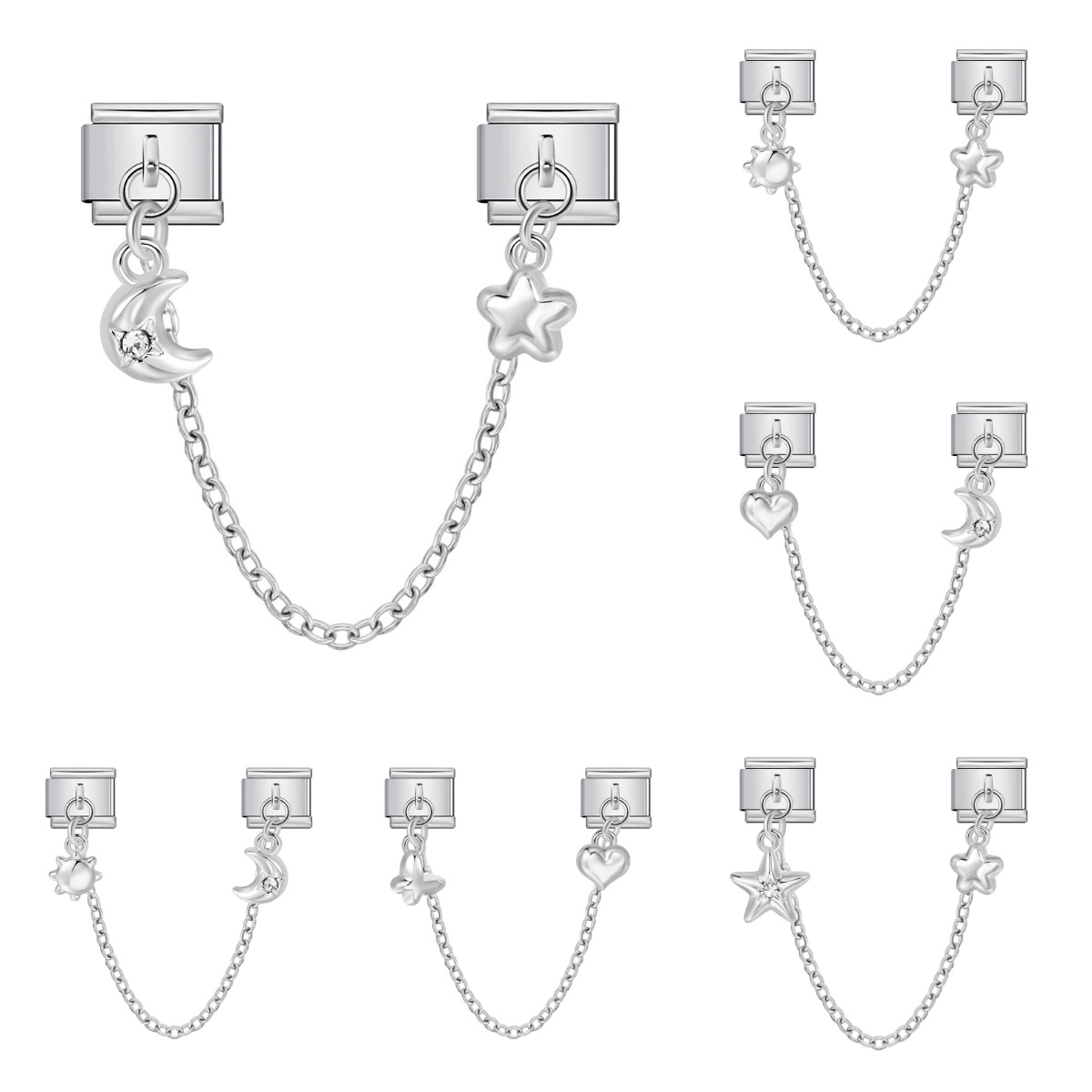 New silver double pendant Italian modular bracelet with stainless steel hook, DIY elastic splicing watch strap chain