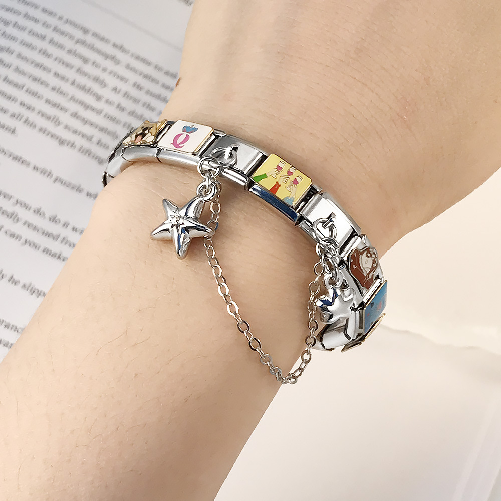 New silver double pendant Italian modular bracelet with stainless steel hook, DIY elastic splicing watch strap chain
