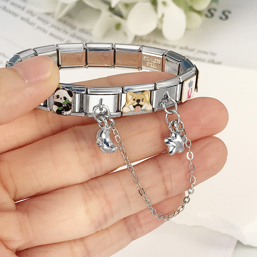 New silver double pendant Italian modular bracelet with stainless steel hook, DIY elastic splicing watch strap chain