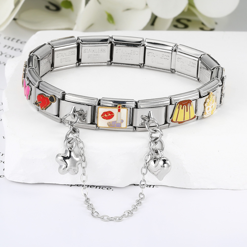 New silver double pendant Italian modular bracelet with stainless steel hook, DIY elastic splicing watch strap chain