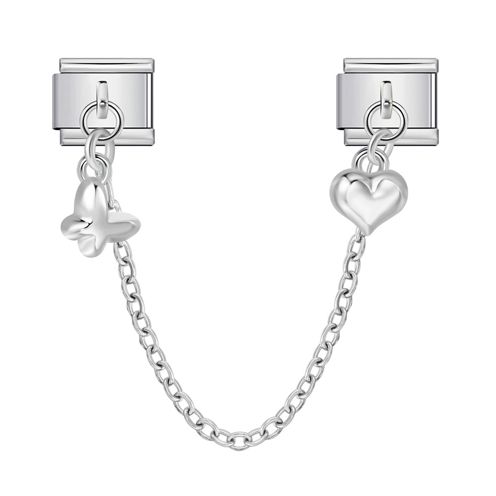 New silver double pendant Italian modular bracelet with stainless steel hook, DIY elastic splicing watch strap chain