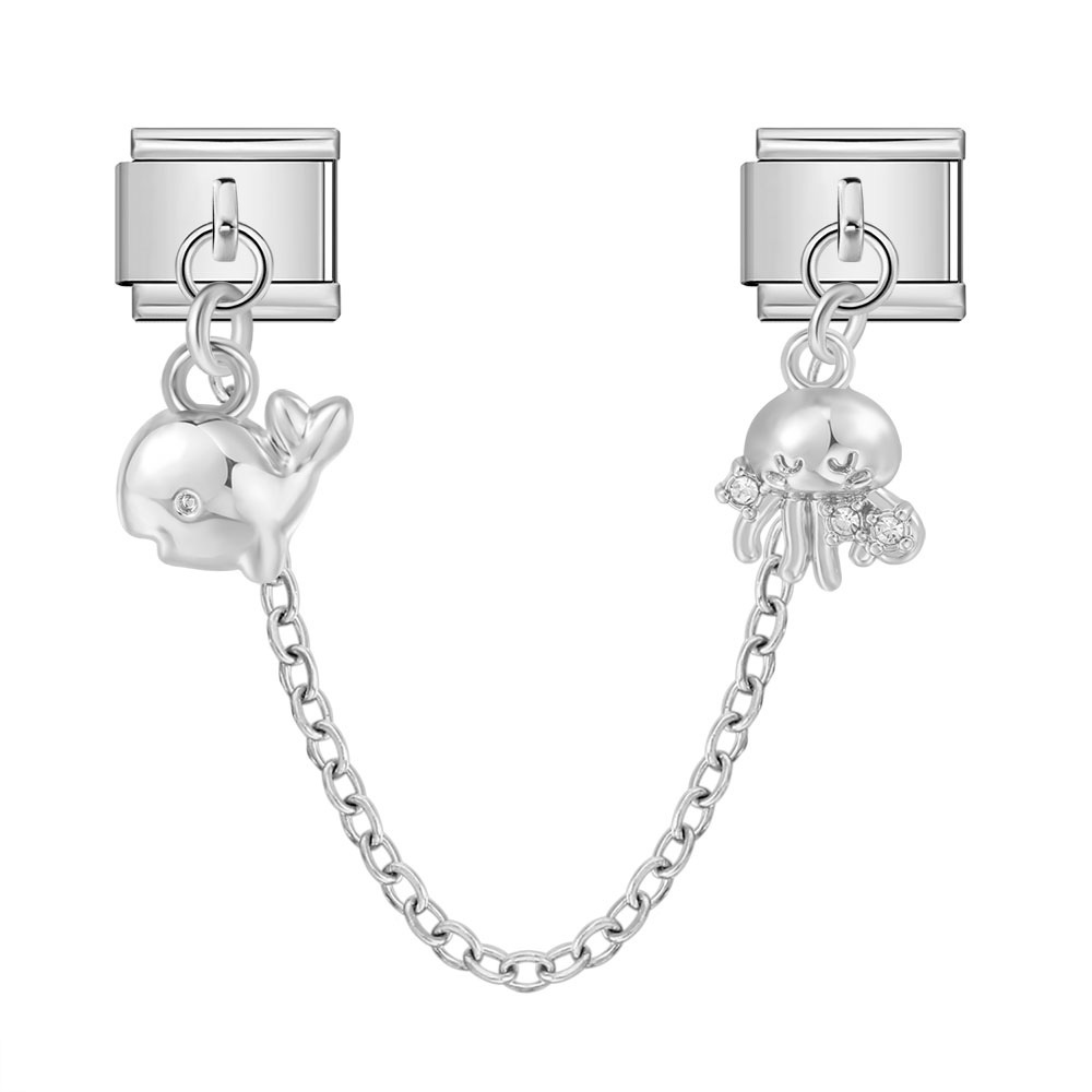 New silver double pendant Italian modular bracelet with stainless steel hook, DIY elastic splicing watch strap chain