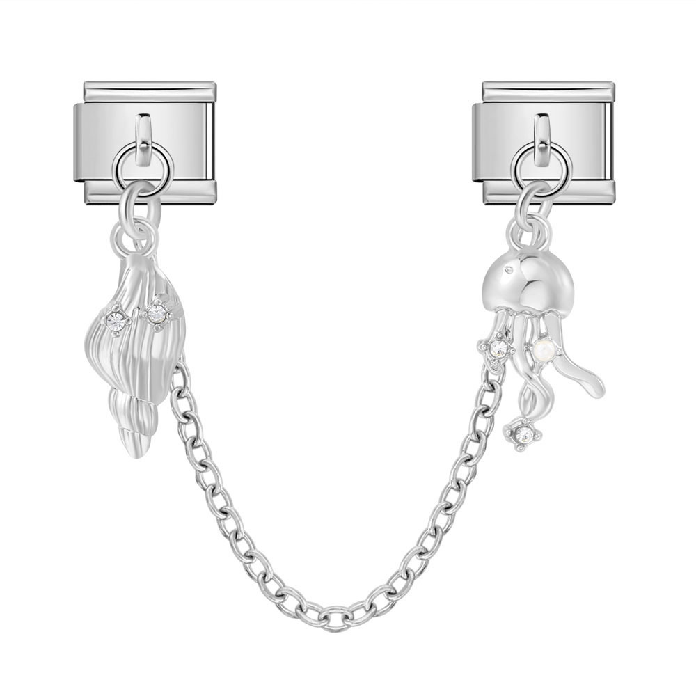New silver double pendant Italian modular bracelet with stainless steel hook, DIY elastic splicing watch strap chain