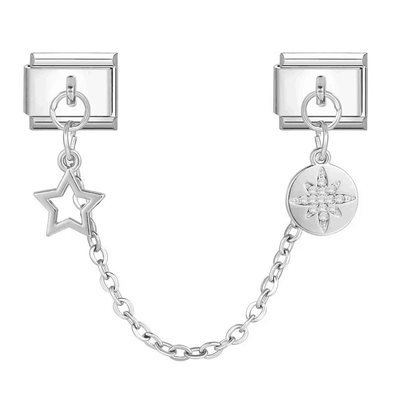 New silver double pendant Italian modular bracelet with stainless steel hook, DIY elastic splicing watch strap chain