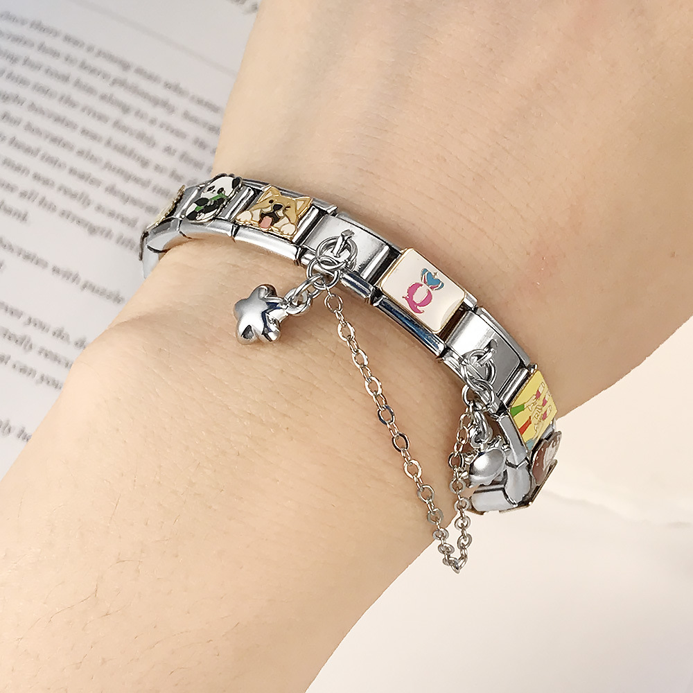 New silver double pendant Italian modular bracelet with stainless steel hook, DIY elastic splicing watch strap chain