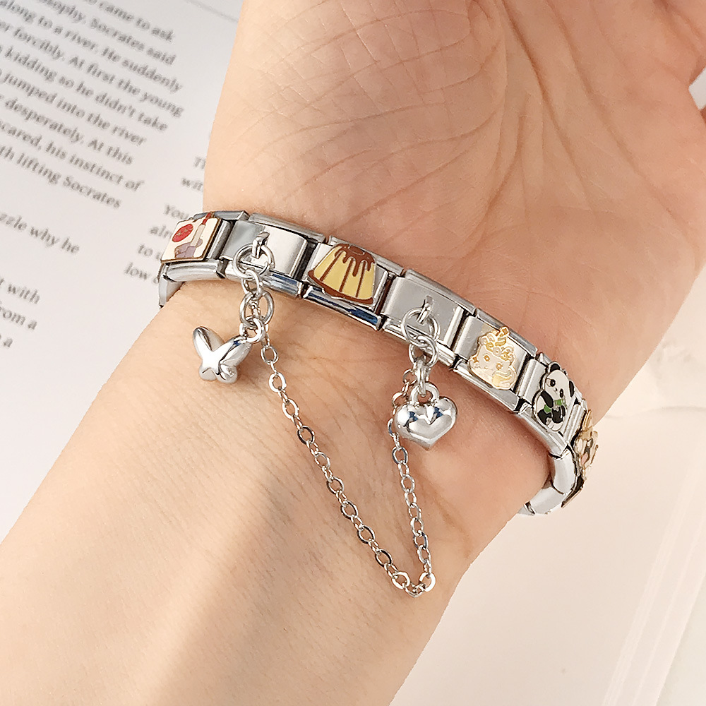 New silver double pendant Italian modular bracelet with stainless steel hook, DIY elastic splicing watch strap chain