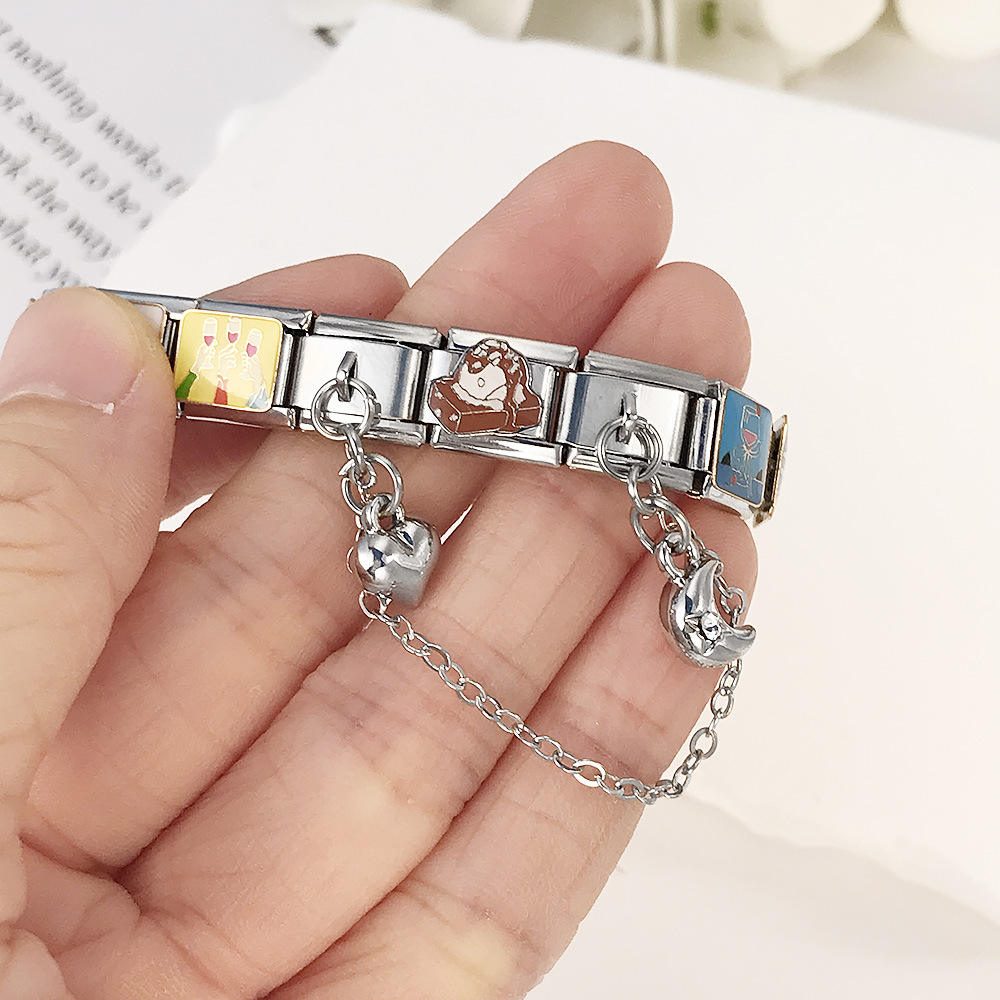 New silver double pendant Italian modular bracelet with stainless steel hook, DIY elastic splicing watch strap chain