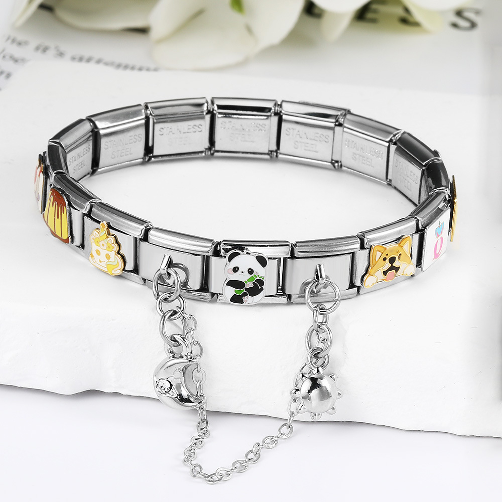 New silver double pendant Italian modular bracelet with stainless steel hook, DIY elastic splicing watch strap chain