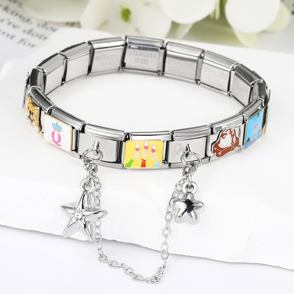 New silver double pendant Italian modular bracelet with stainless steel hook, DIY elastic splicing watch strap chain