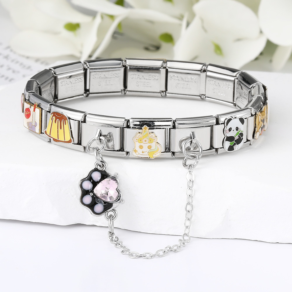 New silver double pendant Italian modular bracelet with stainless steel hook, DIY elastic splicing watch strap chain