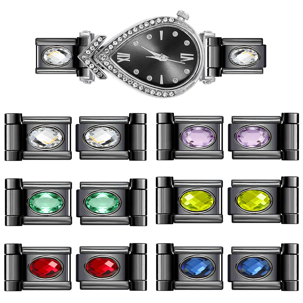 Black stainless steel oval zircon connector, multi-size Italian module bracelet DIY accessory