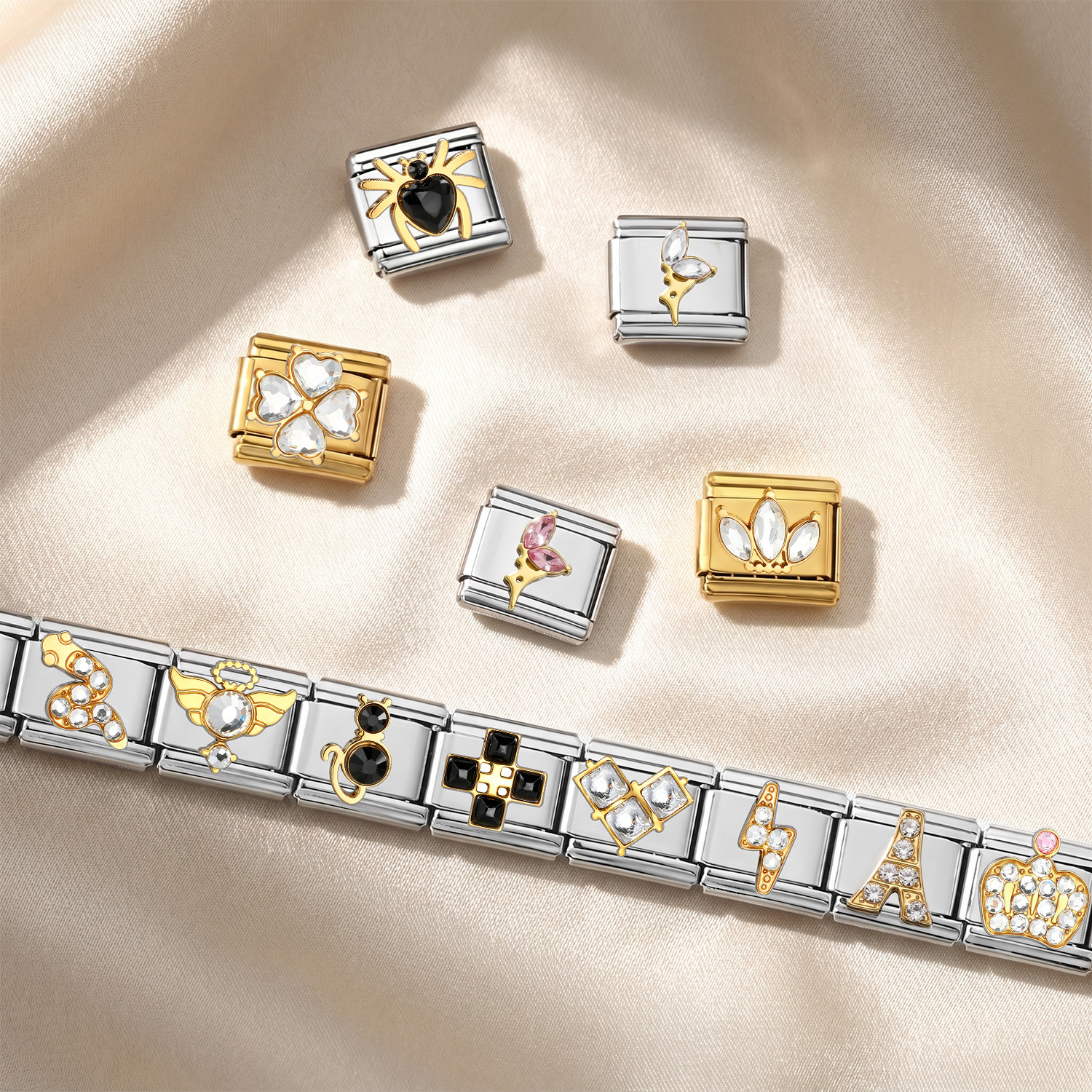 Gold and silver diamond-encrusted series handmade modular DIY stainless steel welded watch strap chain, Italian modular bracelet