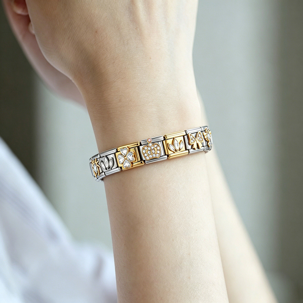 Gold and silver diamond-encrusted series handmade modular DIY stainless steel welded watch strap chain, Italian modular bracelet