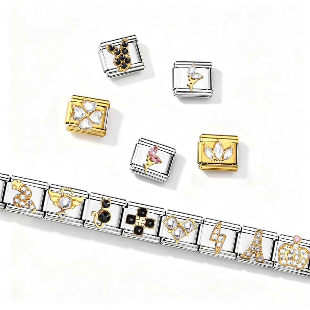 Gold and silver diamond-encrusted series handmade modular DIY stainless steel welded watch strap chain, Italian modular bracelet