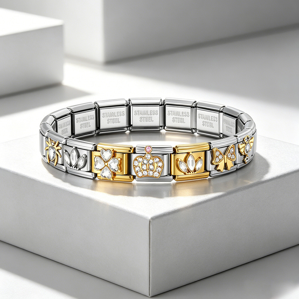 Gold and silver diamond-encrusted series handmade modular DIY stainless steel welded watch strap chain, Italian modular bracelet