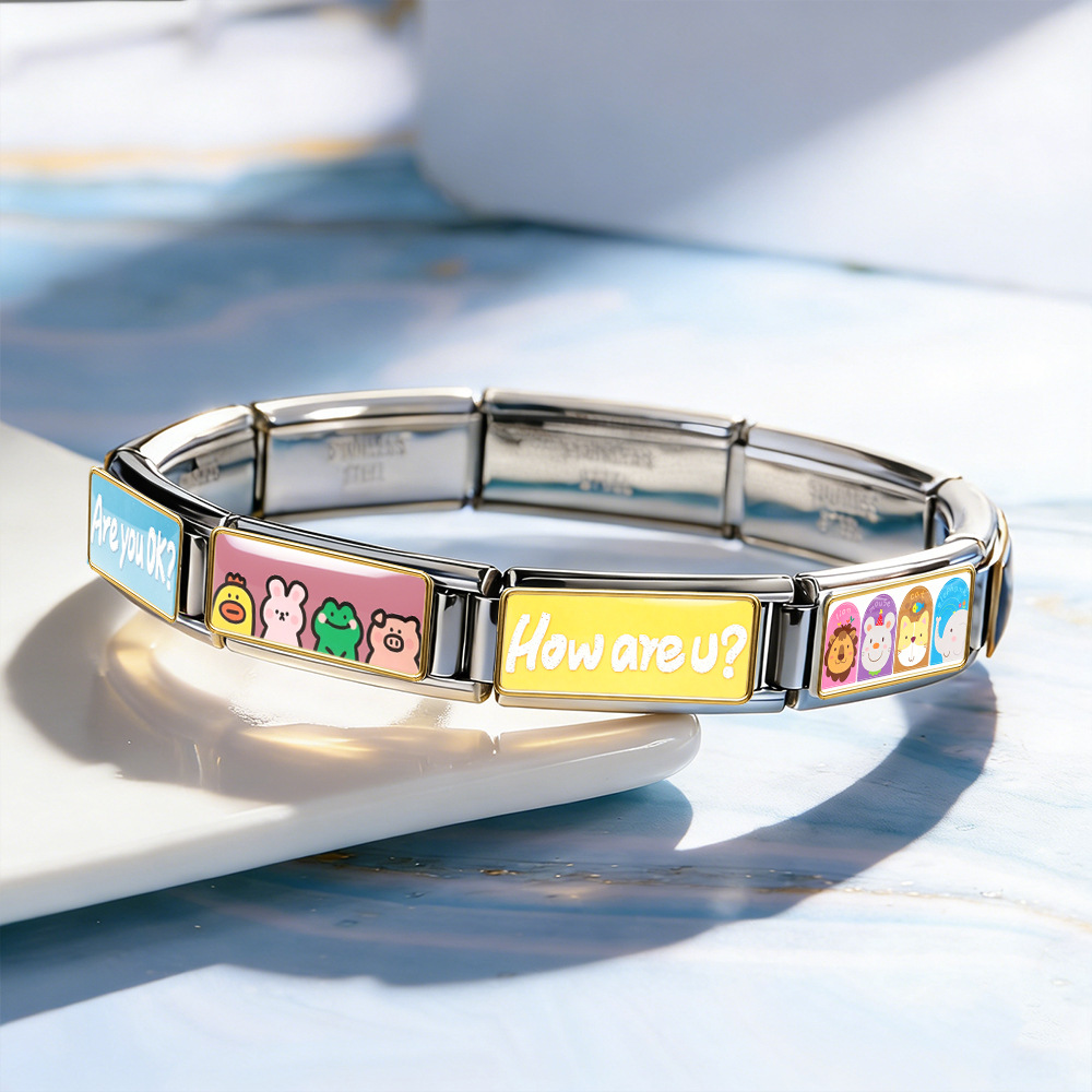 Cute Cartoon Pattern Italian Modular Bracelet Stainless Steel DIY Detachable Elastic Watch Strap Chain Jewelry