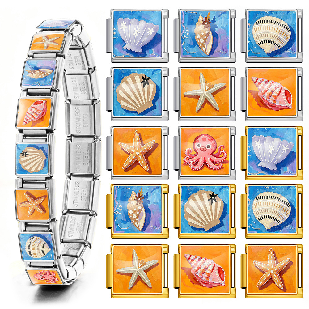 DIY stainless steel bracelet with square oil painting pattern of seashells and conch shells, featuring a summer beach theme. Freely combinable watch strap chain.