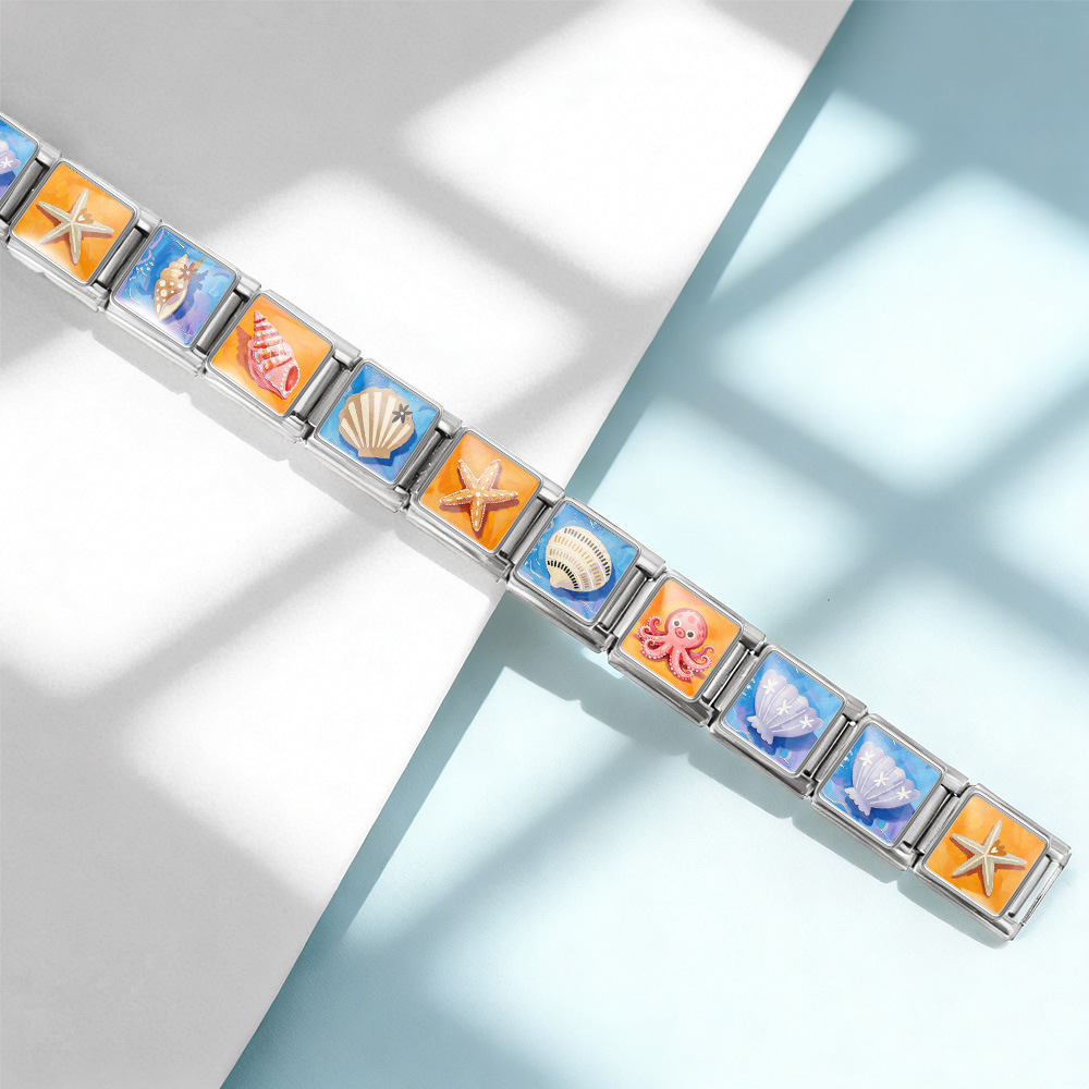 DIY stainless steel bracelet with square oil painting pattern of seashells and conch shells, featuring a summer beach theme. Freely combinable watch strap chain.