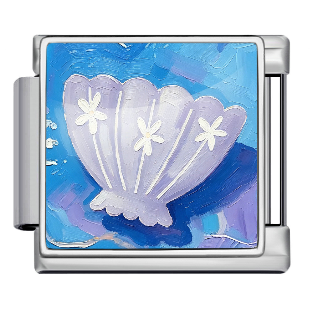 DIY stainless steel bracelet with square oil painting pattern of seashells and conch shells, featuring a summer beach theme. Freely combinable watch strap chain.
