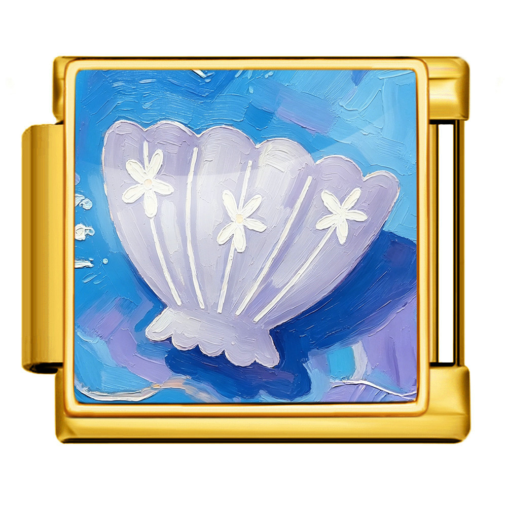 DIY stainless steel bracelet with square oil painting pattern of seashells and conch shells, featuring a summer beach theme. Freely combinable watch strap chain.