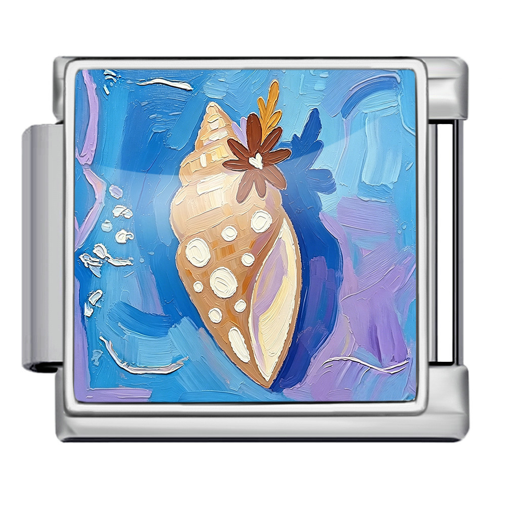 DIY stainless steel bracelet with square oil painting pattern of seashells and conch shells, featuring a summer beach theme. Freely combinable watch strap chain.